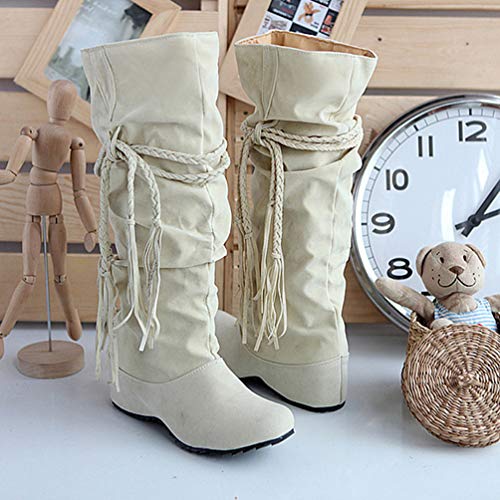 Holibanna Botas largas para Mujer Botas Vaqueras Laterales con Cordones Bajos a Media Rodilla Botas Altas con borlas para Adultos y niñas Beige 38
