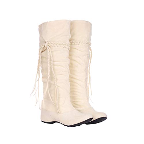Holibanna Botas largas para Mujer Botas Vaqueras Laterales con Cordones Bajos a Media Rodilla Botas Altas con borlas para Adultos y niñas Beige 38