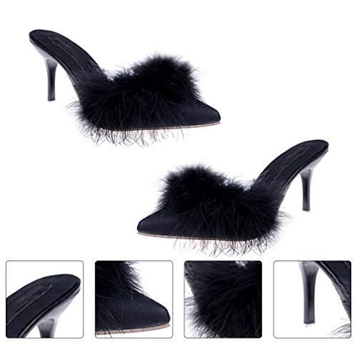 Holibanna Mujeres Pluma Fina Tacones Altos Punta Puntiaguda Piel Zapatillas Mulas Dama Bombas Diapositivas