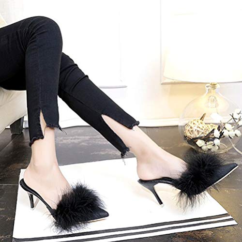 Holibanna Mujeres Pluma Fina Tacones Altos Punta Puntiaguda Piel Zapatillas Mulas Dama Bombas Diapositivas