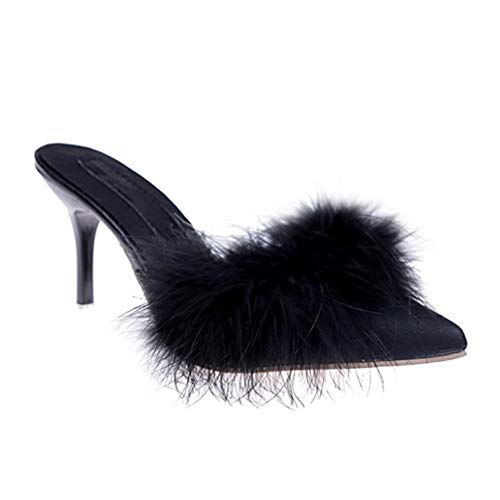Holibanna Mujeres Pluma Fina Tacones Altos Punta Puntiaguda Piel Zapatillas Mulas Dama Bombas Diapositivas