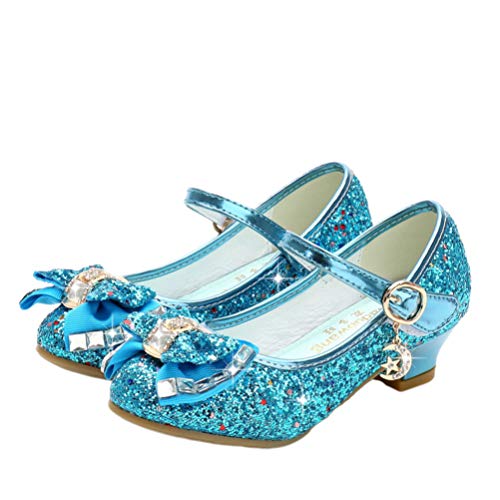 Holibanna Zapatos de Baile para niños Tacones de Gatito con Lentejuelas Brillantes Parte Superior Bailando Calabazas con Bowknot para niña Azul 17.7cm
