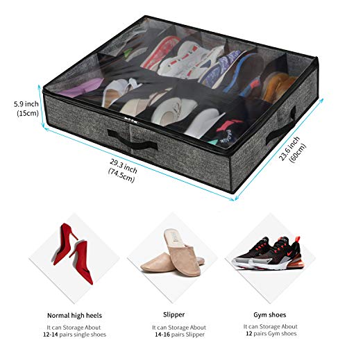 homyfort Juego de 2 Organizador de Zapatos Debajo de la Cama - Titular de la Zapata Bolsas organizadoras de Zapatos con Tapa Transparente 12 Pares x 2 Caja Plegable de Almacenaje, Negro Lino, XAUBSB2P