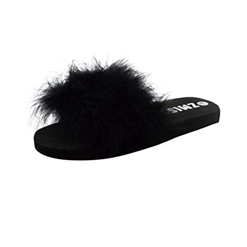 HoSayLike Mujer Moda Casual Simple Playa Fondo Plano Antideslizante Desgaste Exterior Chanclas Pelo De Avestruz Dedo Perdido Fondo Plano Suave Comodo