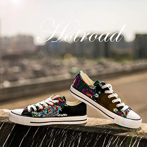 HotRoad Mujer Bordado Canvas Calzado Mujer Deportiva Bajos Casual Black Sneaker Mujer Zapatillas Lona Mujer Casual Tenis Zapatillas Negro, Bordado de Flores / 35 EU