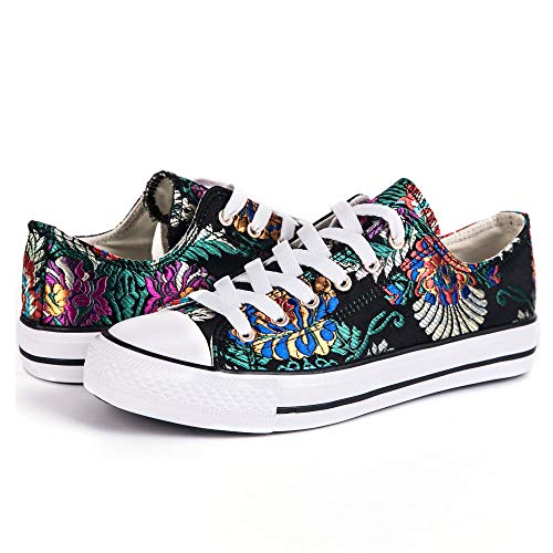 HotRoad Mujer Bordado Canvas Calzado Mujer Deportiva Bajos Casual Black Sneaker Mujer Zapatillas Lona Mujer Casual Tenis Zapatillas Negro, Bordado de Flores / 35 EU