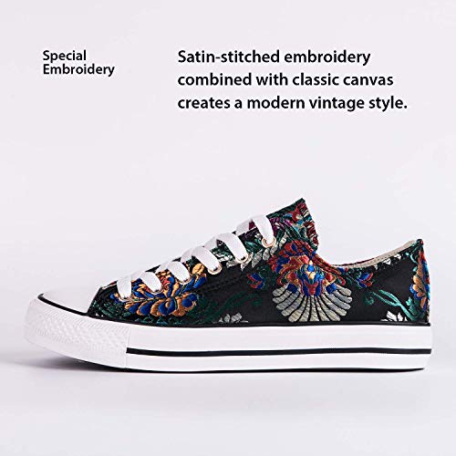 HotRoad Mujer Bordado Canvas Calzado Mujer Deportiva Bajos Casual Black Sneaker Mujer Zapatillas Lona Mujer Casual Tenis Zapatillas Negro, Bordado de Flores / 35 EU