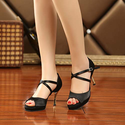 HROYL Zapatos de Baile Latino Mujer con Plataforma Comodos Tacon Alto Salsa y Bachata,Modelo YCL238-6-Negro,EU 35