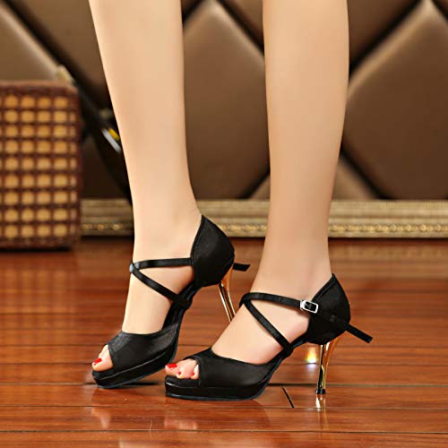 HROYL Zapatos de Baile Latino Mujer con Plataforma Comodos Tacon Alto Salsa y Bachata,Modelo YCL238-6-Negro,EU 35