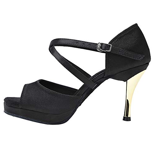 HROYL Zapatos de Baile Latino Mujer con Plataforma Comodos Tacon Alto Salsa y Bachata,Modelo YCL238-6-Negro,EU 35
