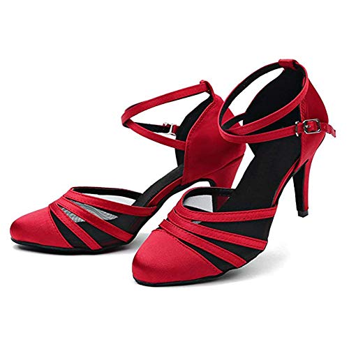 HROYL Zapatos de Baile Latino para Mujer Tacon Alto Zapatos de Tango Salsa Samba Vals Baile de Salón,189-7.5,Rojo,EU38.5
