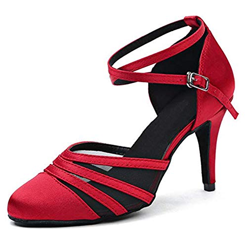 HROYL Zapatos de Baile Latino para Mujer Tacon Alto Zapatos de Tango Salsa Samba Vals Baile de Salón,189-7.5,Rojo,EU38.5