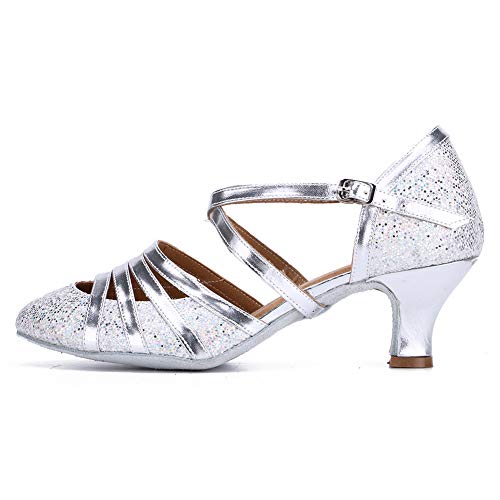HROYL Zapatos de Baile para Mujer Brillo de Cuero Latino/Chacha/Samba/Moderno/Zapatos de Baile de Jazz Plateado 36 EU
