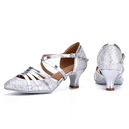 HROYL Zapatos de Baile para Mujer Brillo de Cuero Latino/Chacha/Samba/Moderno/Zapatos de Baile de Jazz Plateado 36 EU