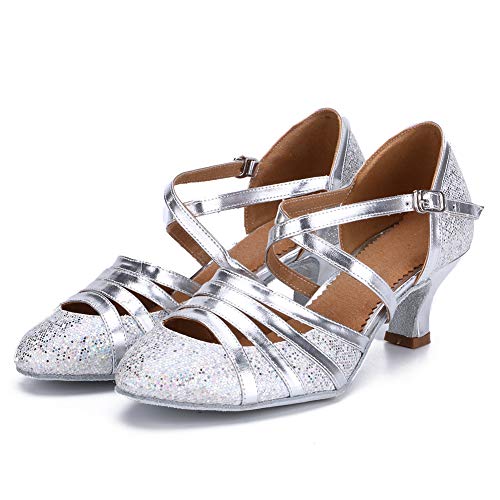 HROYL Zapatos de Baile para Mujer Brillo de Cuero Latino/Chacha/Samba/Moderno/Zapatos de Baile de Jazz Plateado 38 EU