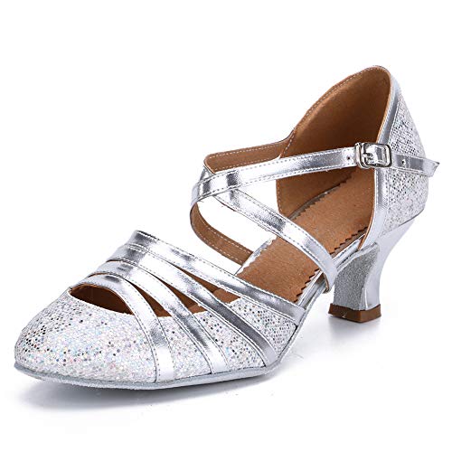 HROYL Zapatos de Baile para Mujer Brillo de Cuero Latino/Chacha/Samba/Moderno/Zapatos de Baile de Jazz Plateado 38 EU