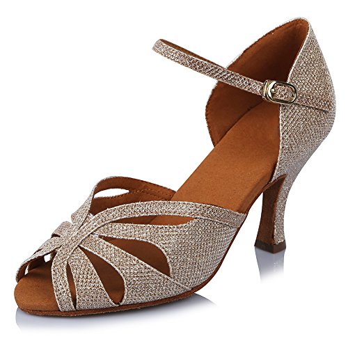 HROYL Zapatos de Baile para Mujeres y Niñas Latino de Diamantes de imitación Señoras Salsa Latina Tango Zapatos de Boda de satén,ESAF435024,Gold,42EU