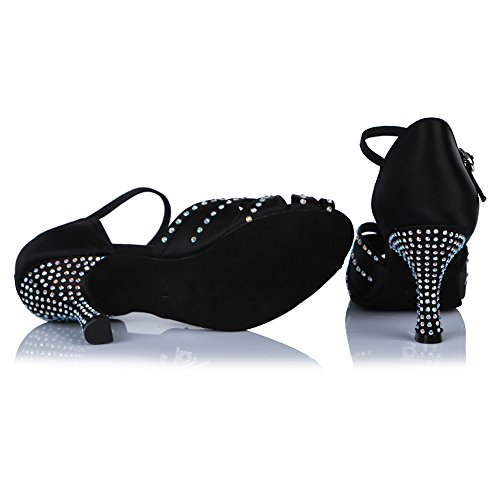 HROYL Zapatos de Baile para Mujeres y Niñas Latino de Diamantes de imitación Señoras Salsa Latina Tango Zapatos de Boda de satén,ESAF43503,Negro,35EU