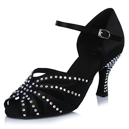 HROYL Zapatos de Baile para Mujeres y Niñas Latino de Diamantes de imitación Señoras Salsa Latina Tango Zapatos de Boda de satén,ESAF43503,Negro,35EU
