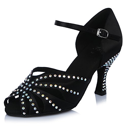 HROYL Zapatos de Baile para Mujeres y Niñas Latino de Diamantes de imitación Señoras Salsa Latina Tango Zapatos de Boda de satén,ESAF43503,Negro,38EU