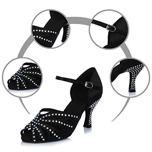 HROYL Zapatos de Baile para Mujeres y Niñas Latino de Diamantes de imitación Señoras Salsa Latina Tango Zapatos de Boda de satén,ESAF43503,Negro,38EU