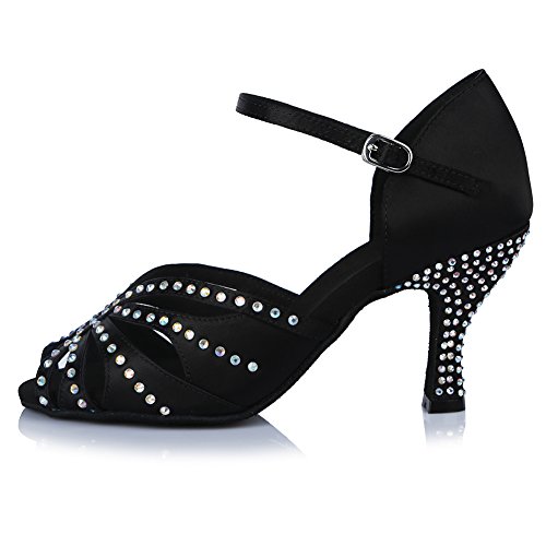 HROYL Zapatos de Baile para Mujeres y Niñas Latino de Diamantes de imitación Señoras Salsa Latina Tango Zapatos de Boda de satén,ESAF43503,Negro,38EU