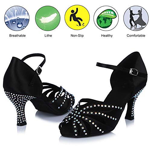 HROYL Zapatos de Baile para Mujeres y Niñas Latino de Diamantes de imitación Señoras Salsa Latina Tango Zapatos de Boda de satén,ESAF43503,Negro,42EU