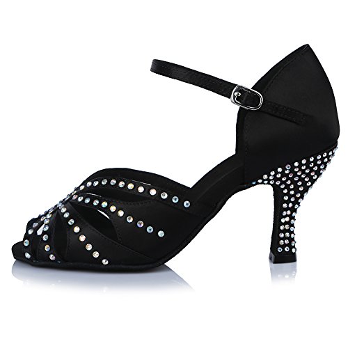 HROYL Zapatos de Baile para Mujeres y Niñas Latino de Diamantes de imitación Señoras Salsa Latina Tango Zapatos de Boda de satén,ESAF43503,Negro,42EU