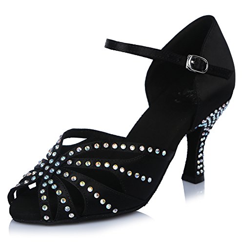 HROYL Zapatos de Baile para Mujeres y Niñas Latino de Diamantes de imitación Señoras Salsa Latina Tango Zapatos de Boda de satén,ESAF43503,Negro,42EU