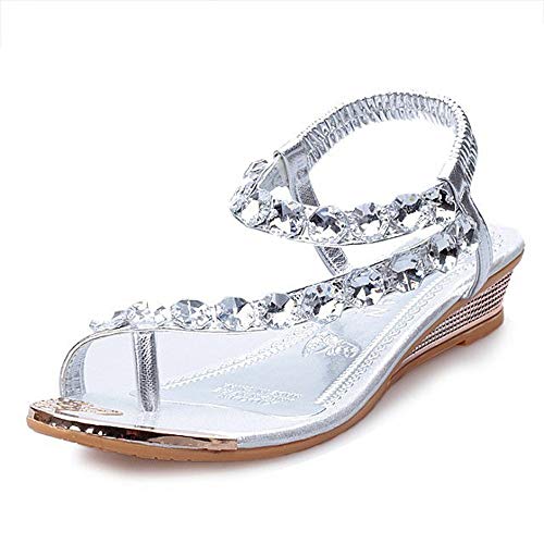 HUADUO Sandalias Planas con Tiras en T - Cristal de Boda para Mujer con Vestido Bohemio con Cuentas de Diamantes de imitación Zapatos de Gladiador con Chanclas