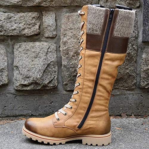 Huaheng Botas de Becerro Medio de Mujer Zapatos de tacón bajo Grueso Botines de Cordones de Cuero de PU de época Vintage Zapatos Nuevo