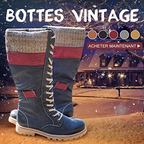 Huaheng Botas de Becerro Medio de Mujer Zapatos de tacón bajo Grueso Botines de Cordones de Cuero de PU de época Vintage Zapatos Nuevo