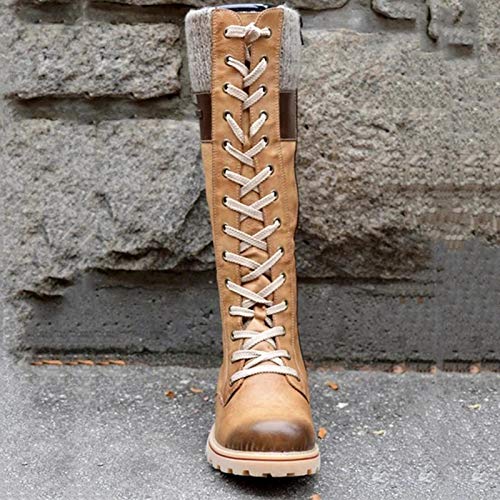 Huaheng Botas de Becerro Medio de Mujer Zapatos de tacón bajo Grueso Botines de Cordones de Cuero de PU de época Vintage Zapatos Nuevo