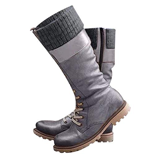 Huaheng Botas de Becerro Medio de Mujer Zapatos de tacón bajo Grueso Botines de Cordones de Cuero de PU de época Vintage Zapatos Nuevo