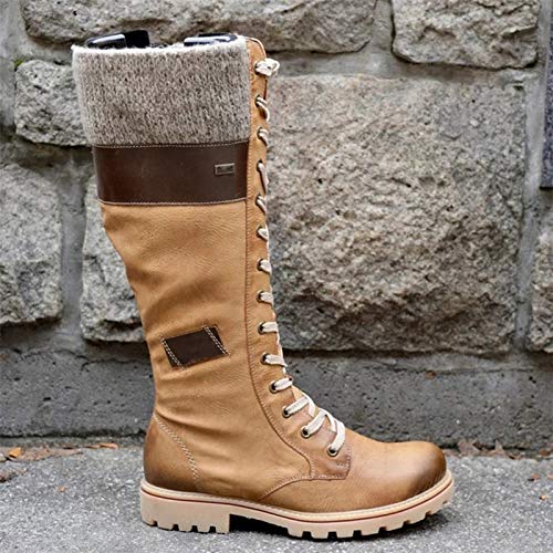 Huaheng Botas de Becerro Medio de Mujer Zapatos de tacón bajo Grueso Botines de Cordones de Cuero de PU de época Vintage Zapatos Nuevo