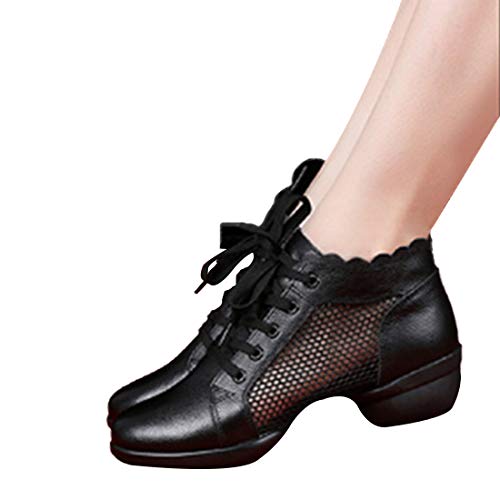 Huicai Mujeres Moda Malla con Cordones Tacón Bajo Salón de Baile Latín Zapatos de Baile