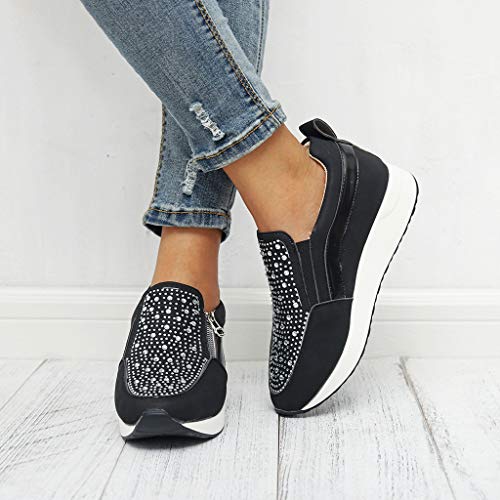 HULKY Zapatos Deportivos Plataforma Mujer, Zapatillas Brillantes Calzado con Cremallera Plano Calzado Running Andar Casual Fiesta CláSico Comodos (Negro,39)