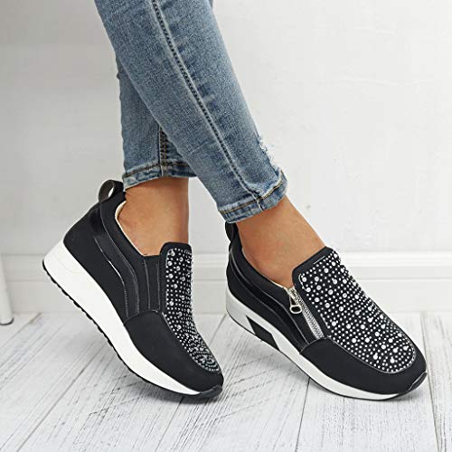 HULKY Zapatos Deportivos Plataforma Mujer, Zapatillas Brillantes Calzado con Cremallera Plano Calzado Running Andar Casual Fiesta CláSico Comodos (Negro,39)