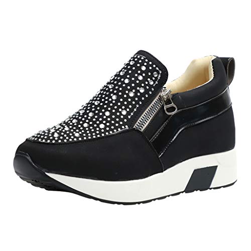 HULKY Zapatos Deportivos Plataforma Mujer, Zapatillas Brillantes Calzado con Cremallera Plano Calzado Running Andar Casual Fiesta CláSico Comodos (Negro,40.5)