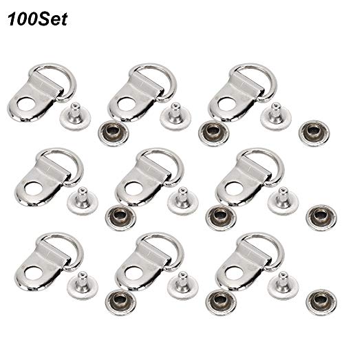 Ichiias 100 Juegos de Ganchos para Cordones de Zapatos 9x14 mm Ganchos para Botas Anillo en D Hebilla de Ojal de latón Bolso de Cuero para Zapatos Herramienta de Remache DIY Plata