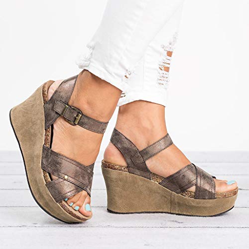 iHAZA- Sandalias Plataformas Mujer Sandalia cuña Mujer Women Summer Fashion Sandals Buckle Strap Wedges Retro Peep Toe Sandals