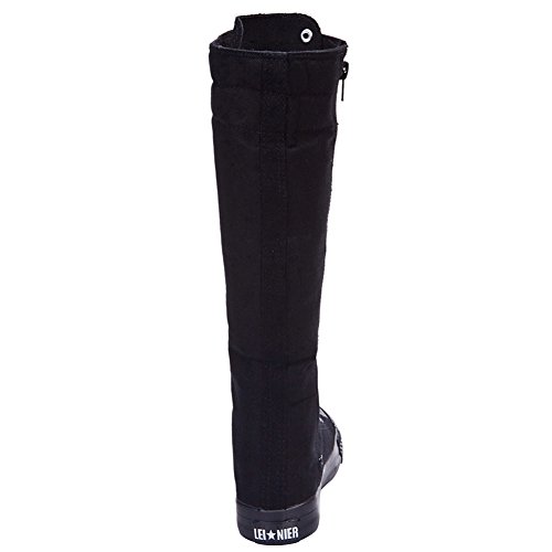 Jamron Chicas Mujer Moda Rodilla Alta con Cordones Botas de Lona Puro Negro Cremallera Botas de Danza SN811 EU38