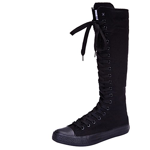 Jamron Chicas Mujer Moda Rodilla Alta con Cordones Botas de Lona Puro Negro Cremallera Botas de Danza SN811 EU38