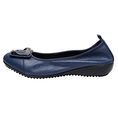 Jamron Mujer Piel Genuina Comodidad Zapatos Suela Blanda Bailarinas Talón de Cuña Baja Pantuflas Azul SN020624 EU38.5