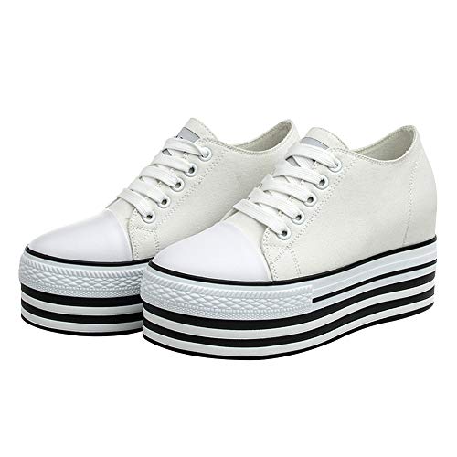 Jamron Mujer Suela Doble Plataforma Alta Zapatos de Lona Tacón de Cuña Baja con Cordones Enredaderas Zapatillas de Deporte de Moda Blanco 627-1 EU36