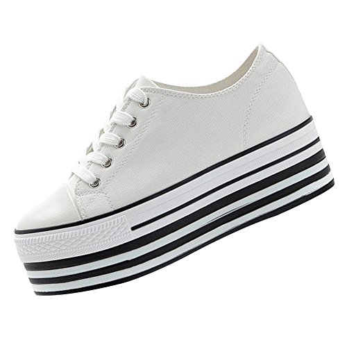 Jamron Mujer Suela Doble Plataforma Alta Zapatos de Lona Tacón de Cuña Baja con Cordones Enredaderas Zapatillas de Deporte de Moda Blanco 627-1 EU36