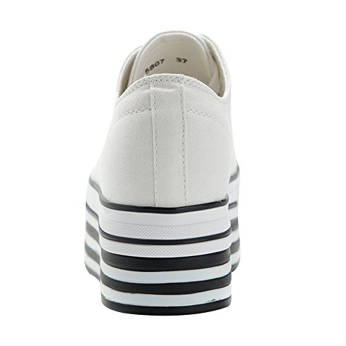 Jamron Mujer Suela Doble Plataforma Alta Zapatos de Lona Tacón de Cuña Baja con Cordones Enredaderas Zapatillas de Deporte de Moda Blanco 627-1 EU36