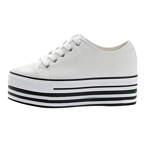 Jamron Mujer Suela Doble Plataforma Alta Zapatos de Lona Tacón de Cuña Baja con Cordones Enredaderas Zapatillas de Deporte de Moda Blanco 627-1 EU36