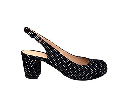 JARASLING - Salones Destalonados de Vestir para Mujer en Piel - Tacon Ancho 6 cm - Hebilla Talon - Hechos en España - Planta Acolchada - Comodos - Negro Lunares/Talla 40