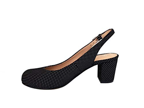 JARASLING - Salones Destalonados de Vestir para Mujer en Piel - Tacon Ancho 6 cm - Hebilla Talon - Hechos en España - Planta Acolchada - Comodos - Negro Lunares/Talla 40